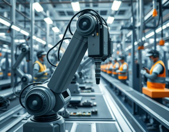 China manufacturing outlook brightens with robotic arms on a factory floor, reflecting UOB report on softening demand