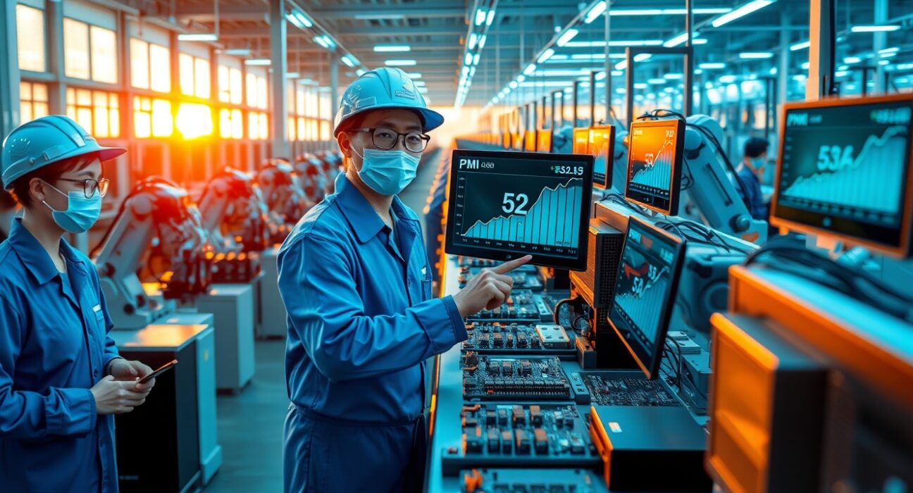 Workers in a Chinese factory monitor digital PMI dashboard showing 52.2 reading, representing strong manufacturing sector growth in April 2025.