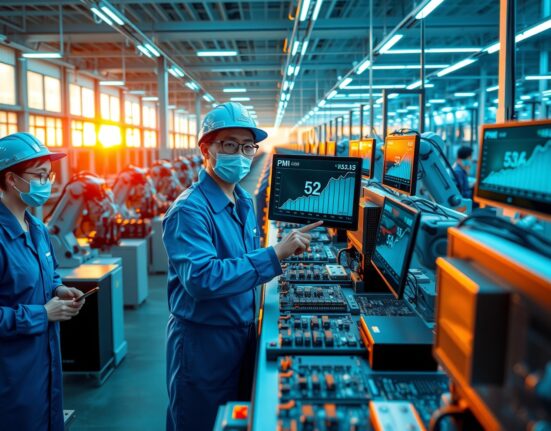 Workers in a Chinese factory monitor digital PMI dashboard showing 52.2 reading, representing strong manufacturing sector growth in April 2025.