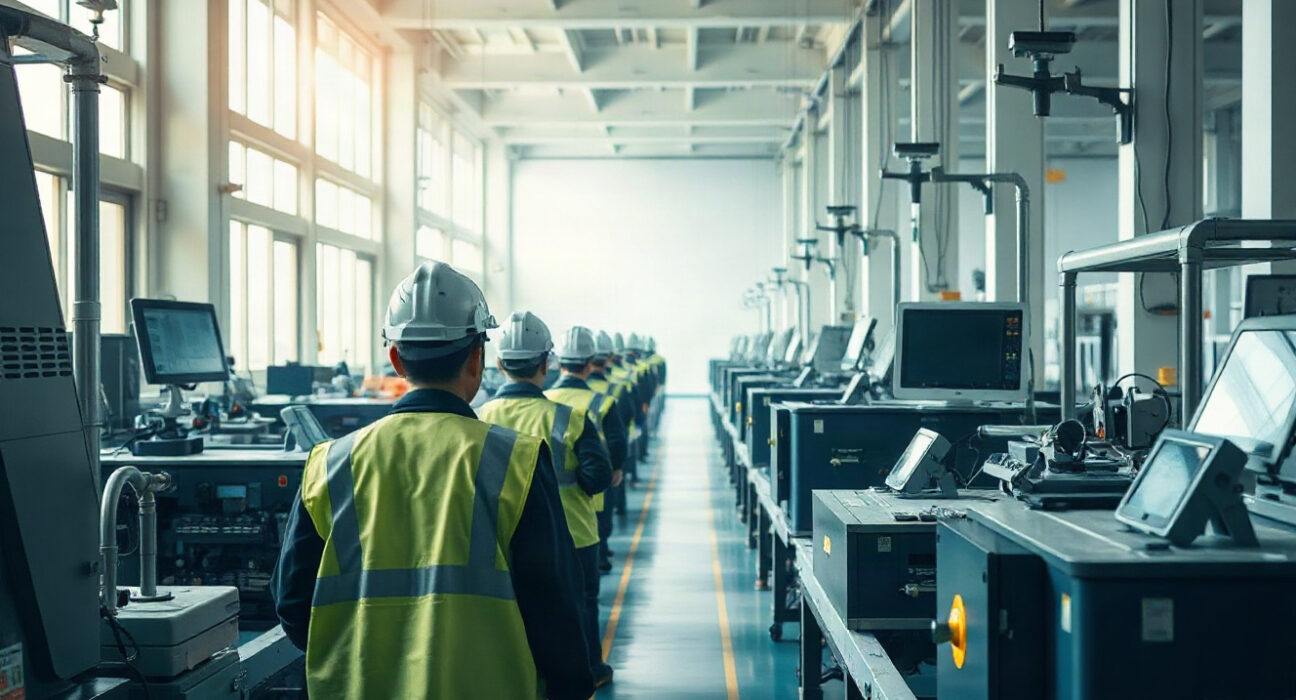 Workers on a factory floor in China, representing manufacturing activity as PMI data is released.