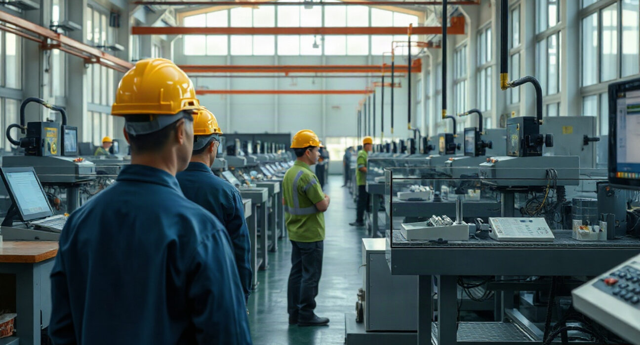 Workers on a factory floor in China, representing manufacturing activity.