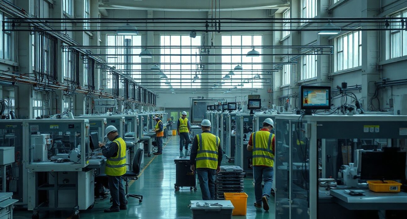Workers on a factory floor in China, representing manufacturing activity as PMI data is released.