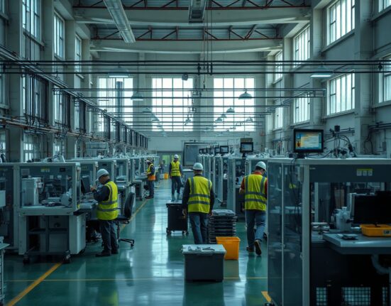 Workers on a factory floor in China, representing manufacturing activity as PMI data is released.