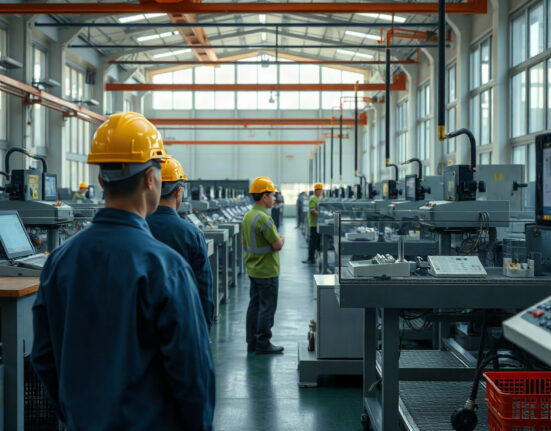 Workers on a factory floor in China, representing manufacturing activity.