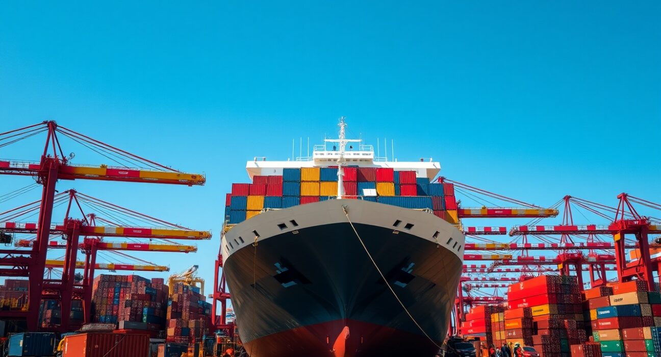 Cargo containers being loaded onto a ship at a Chinese port, representing China's manufacturing and export sector.