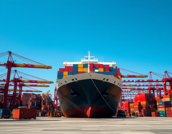 Cargo containers being loaded onto a ship at a Chinese port, representing China's manufacturing and export sector.