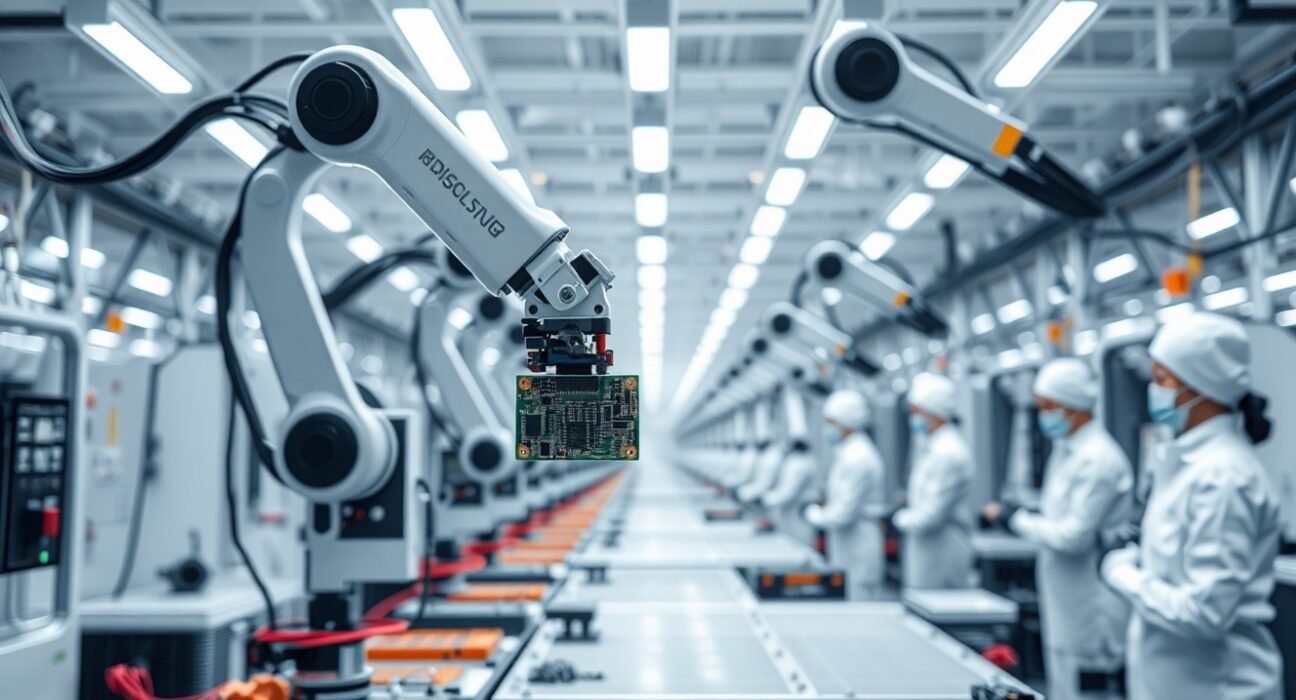 Robotic arms on a modern factory assembly line in China, representing manufacturing sector growth.