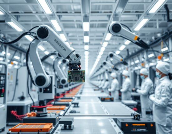 Robotic arms on a modern factory assembly line in China, representing manufacturing sector growth.