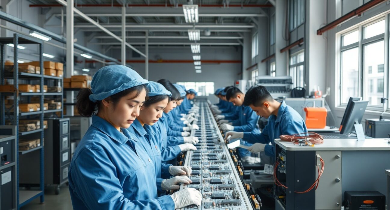 Workers on a factory production line in China inspecting electronic components, representing steady manufacturing activity.