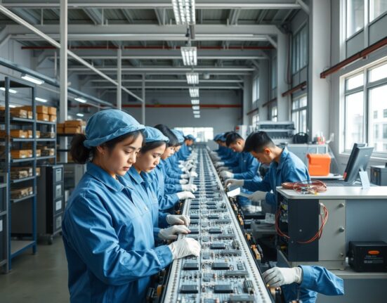 Workers on a factory production line in China inspecting electronic components, representing steady manufacturing activity.