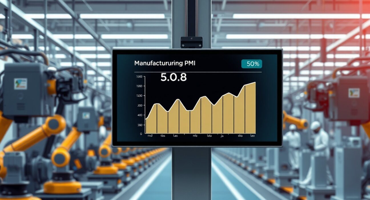 Data display showing China's declining Manufacturing PMI index within a modern factory setting.