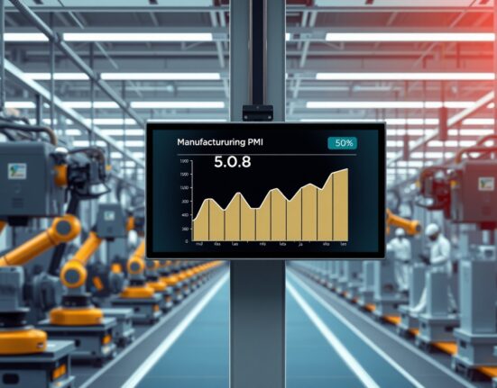 Data display showing China's declining Manufacturing PMI index within a modern factory setting.