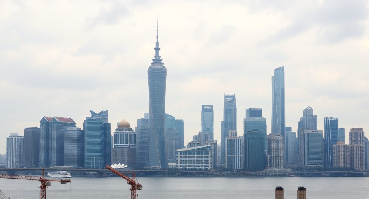 Shanghai skyline on an overcast day, representing China's mixed economic signals in April.