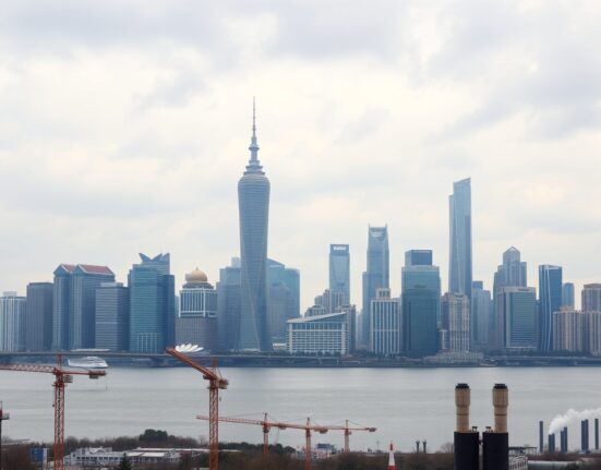 Shanghai skyline on an overcast day, representing China's mixed economic signals in April.