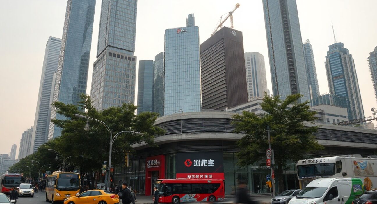 View of Shanghai skyline with mixed commercial activity illustrating China's uneven economic recovery in May.