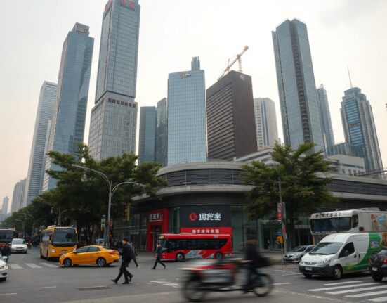 View of Shanghai skyline with mixed commercial activity illustrating China's uneven economic recovery in May.