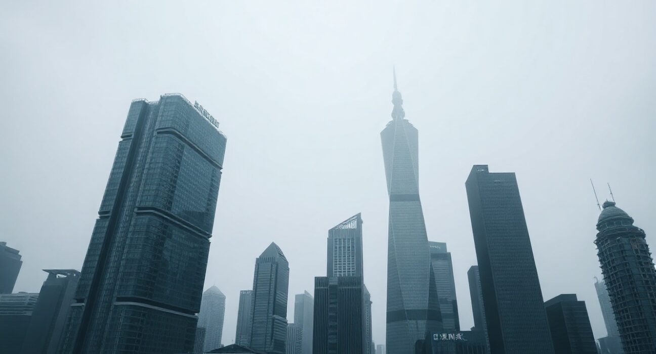 Shanghai financial district skyline under overcast sky representing China economic slowdown forecast by BNP Paribas