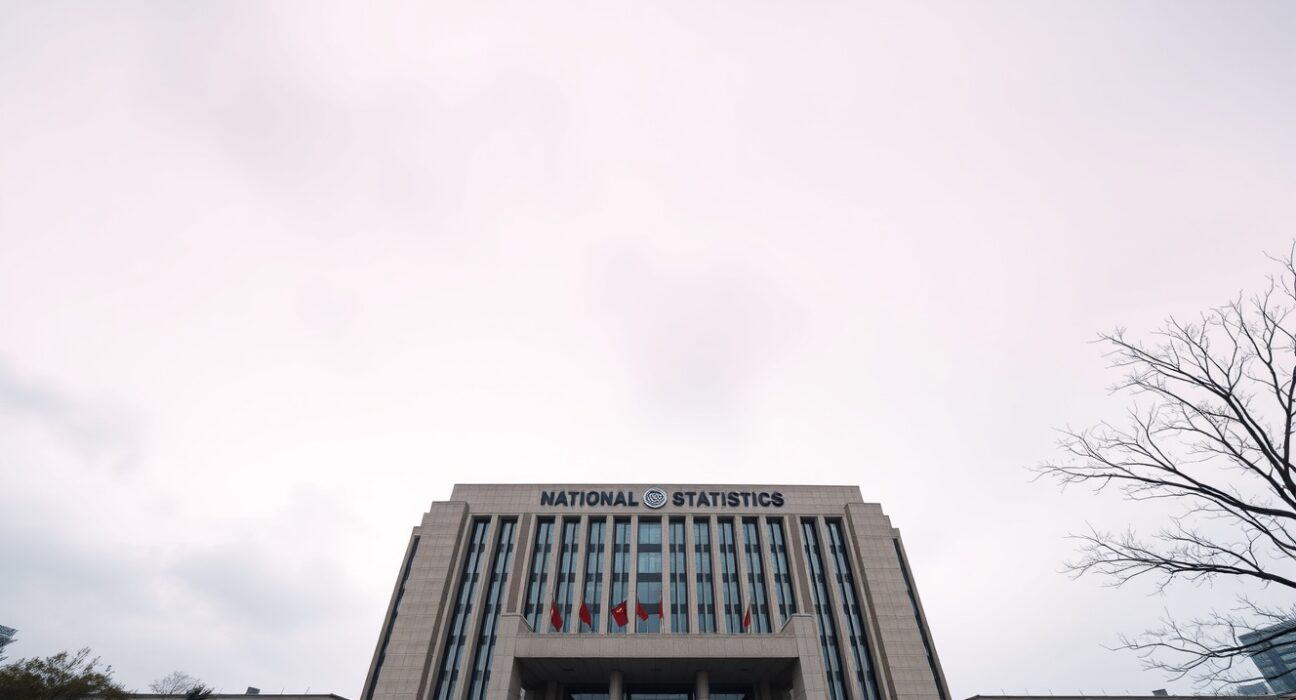 National Bureau of Statistics headquarters in Beijing, China, under overcast sky