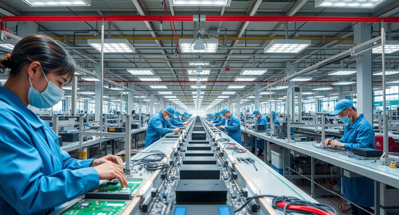 Workers on a factory assembly line in China, representing manufacturing activity.