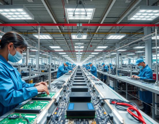 Workers on a factory assembly line in China, representing manufacturing activity.