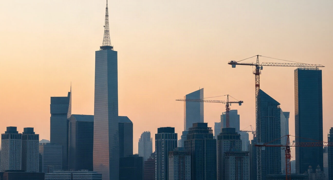 Skyline of a Chinese city with construction cranes, representing the services and construction sectors