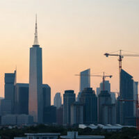 Skyline of a Chinese city with construction cranes, representing the services and construction sectors