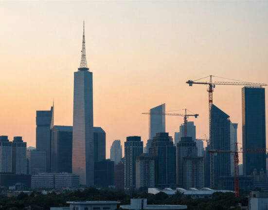 Skyline of a Chinese city with construction cranes, representing the services and construction sectors