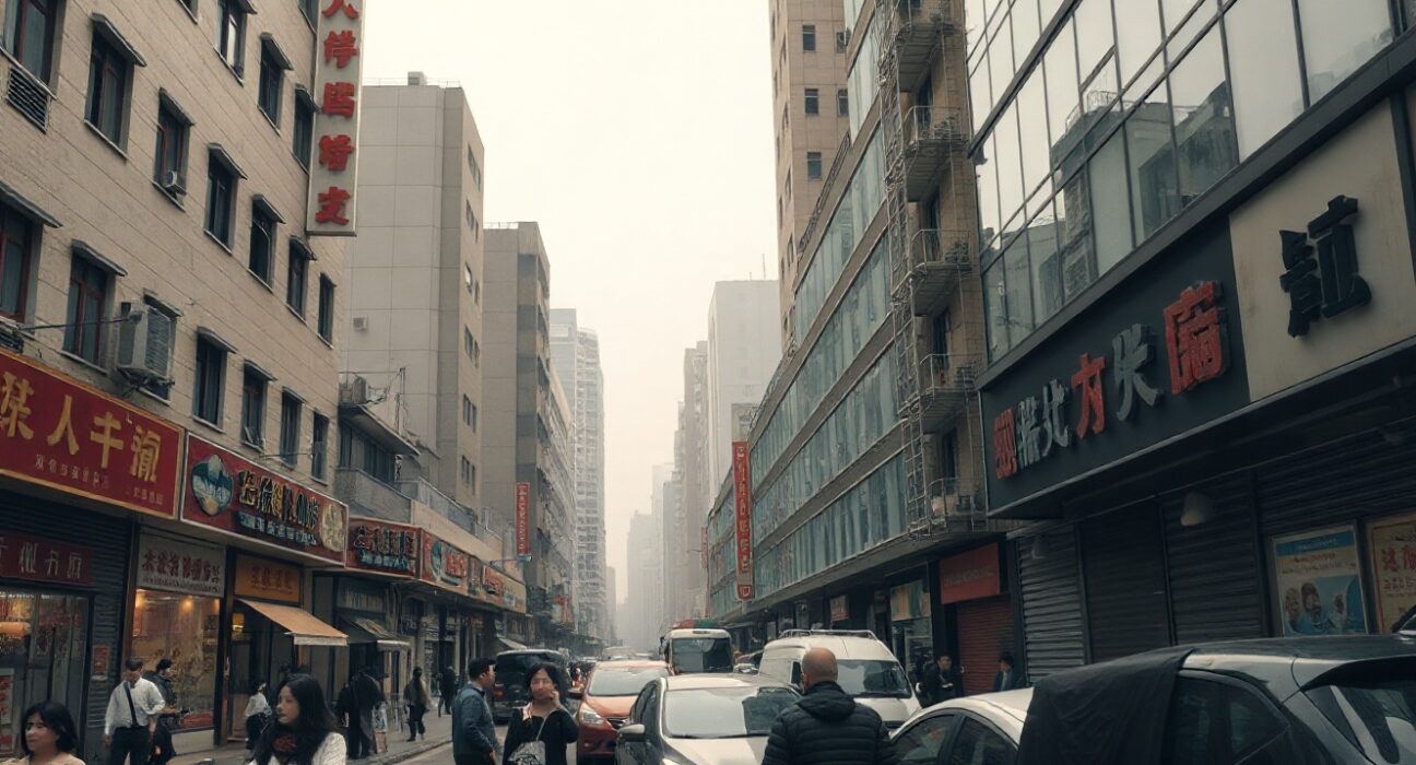Commercial street in China with subdued activity reflecting services sector contraction in July PMI