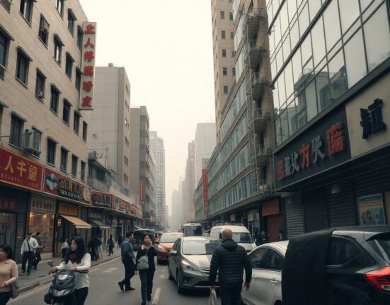 Commercial street in China with subdued activity reflecting services sector contraction in July PMI