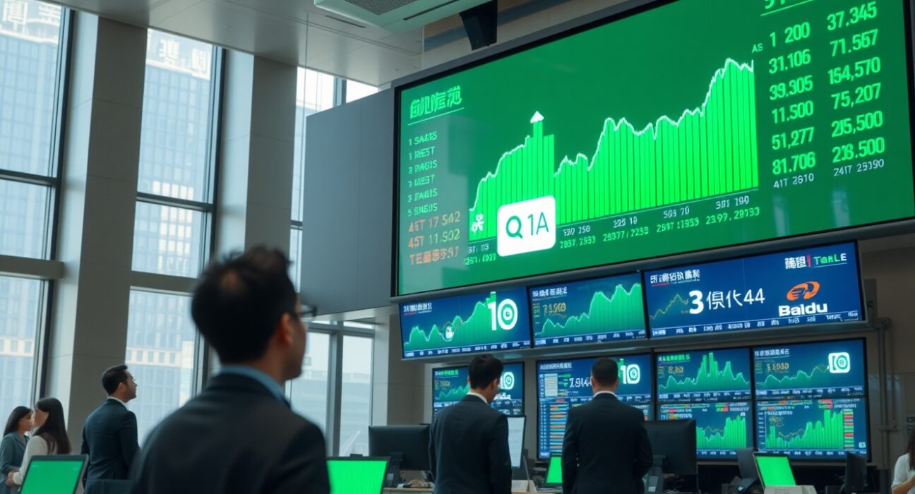 Stock exchange screens showing rising AI stock charts in China