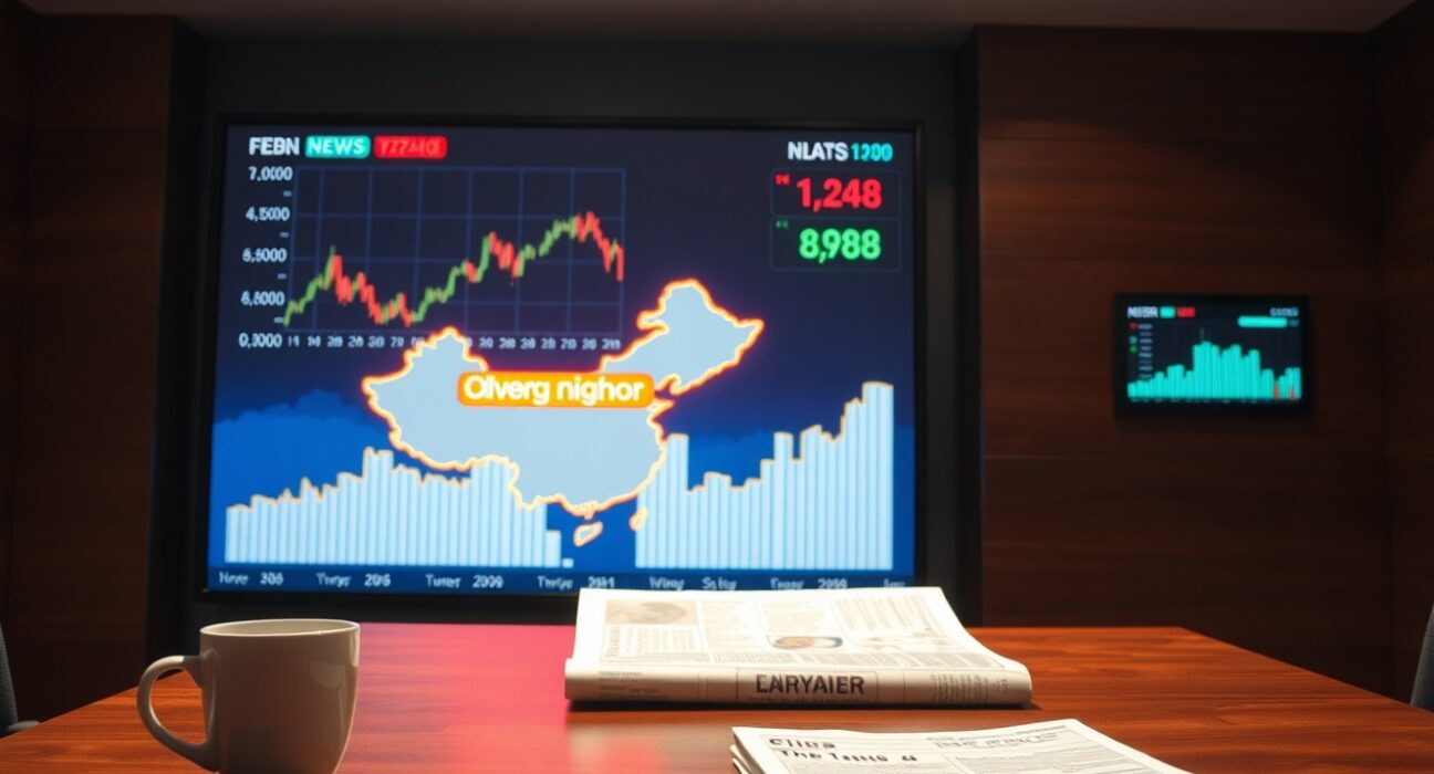 Financial newsroom with digital display showing China overnight anchor chart