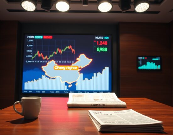 Financial newsroom with digital display showing China overnight anchor chart