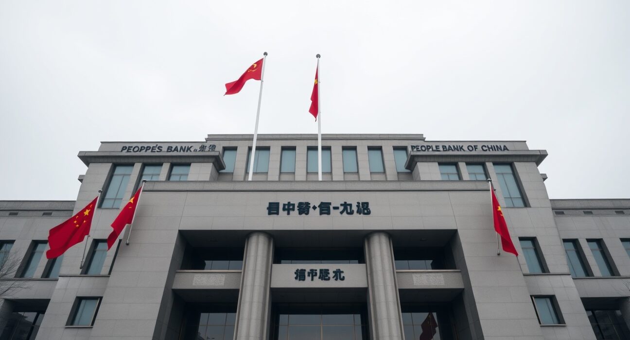 Exterior of the People's Bank of China headquarters in Beijing under overcast sky.