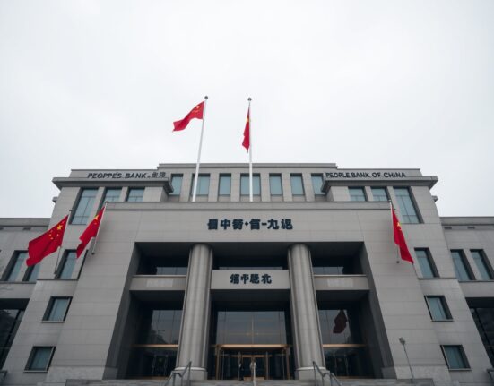 Exterior of the People's Bank of China headquarters in Beijing under overcast sky.