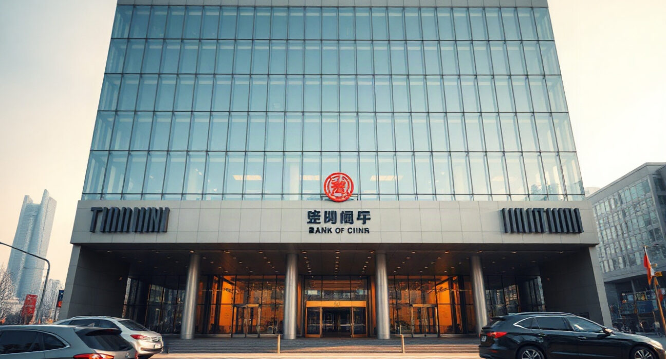 People's Bank of China headquarters in Beijing on a sunny day, representing monetary policy decisions.