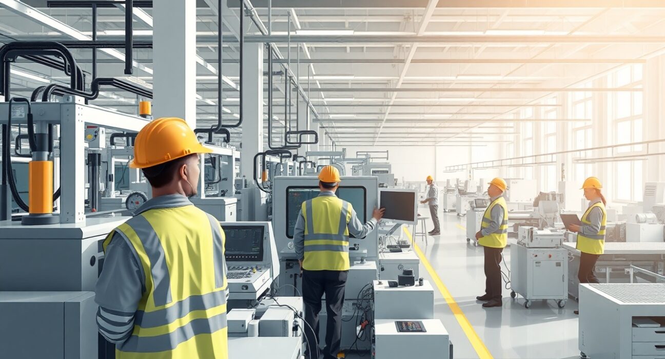 China manufacturing factory floor showing PMI economic indicator context and industrial activity