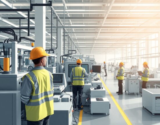 China manufacturing factory floor showing PMI economic indicator context and industrial activity