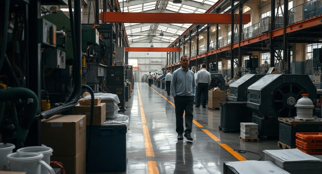 Workers on a factory floor in China as manufacturing activity contracts in July
