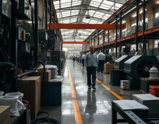 Workers on a factory floor in China as manufacturing activity contracts in July