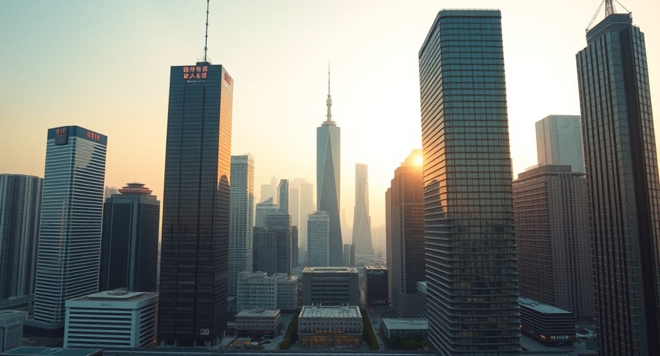 Skyline of a modern Chinese city at dawn, representing economic activity and data analysis.