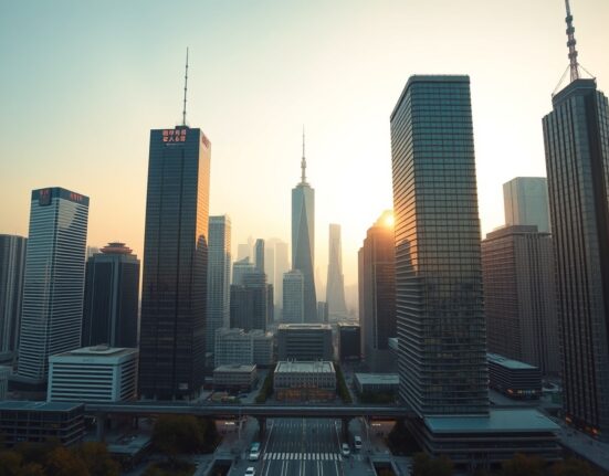 Skyline of a modern Chinese city at dawn, representing economic activity and data analysis.
