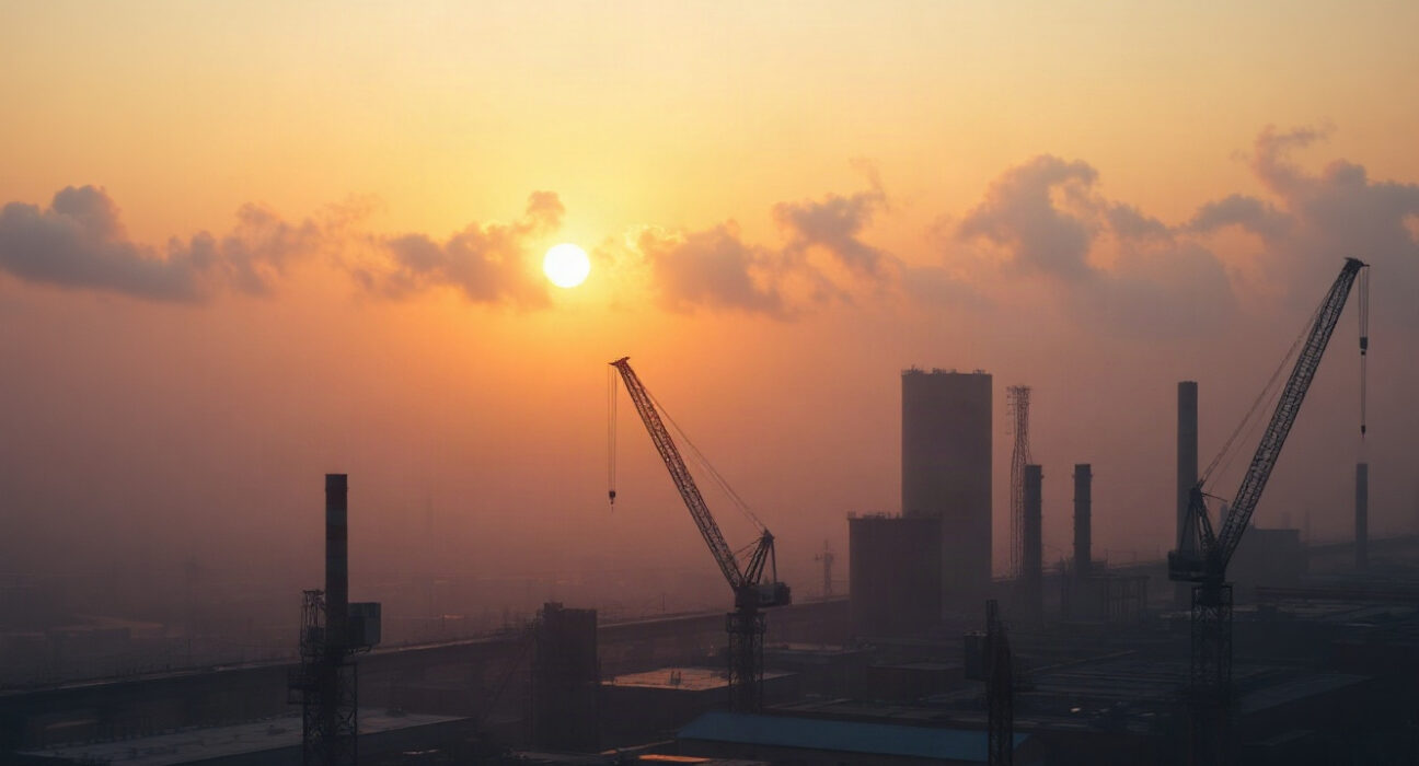 Industrial skyline in China at dawn, symbolizing economic activity and PMI data