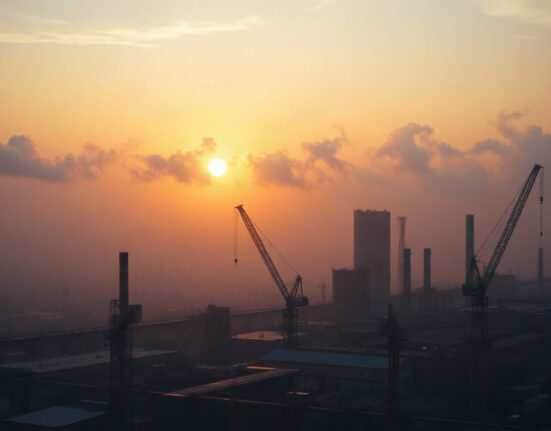 Industrial skyline in China at dawn, symbolizing economic activity and PMI data