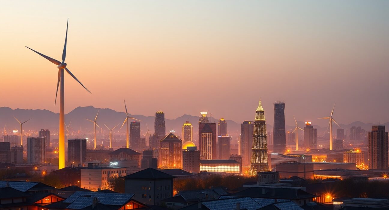 China's non-fossil energy shift illustrated by renewable infrastructure in an urban setting.