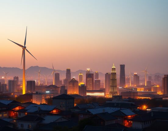 China's non-fossil energy shift illustrated by renewable infrastructure in an urban setting.