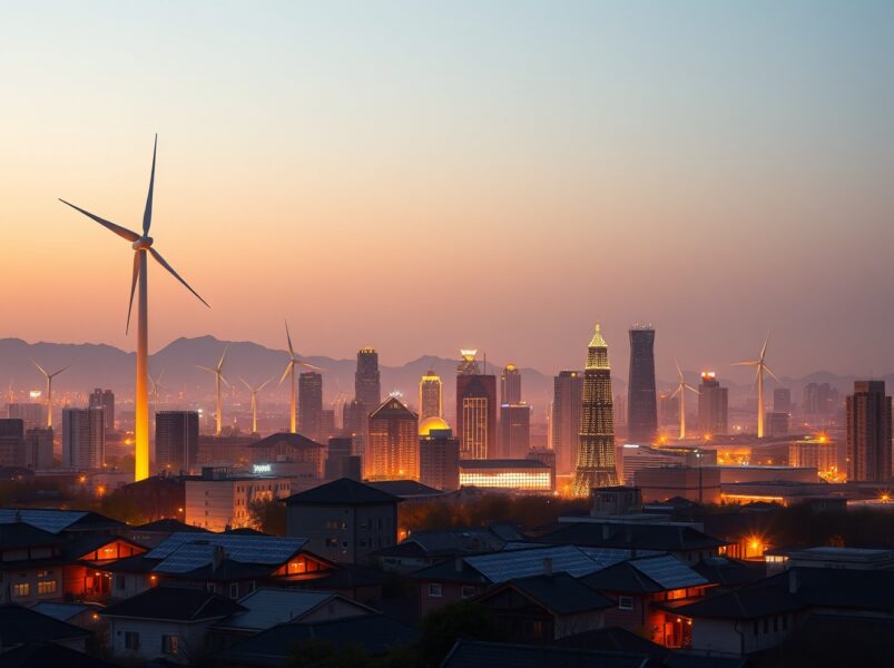 China's non-fossil energy shift illustrated by renewable infrastructure in an urban setting.