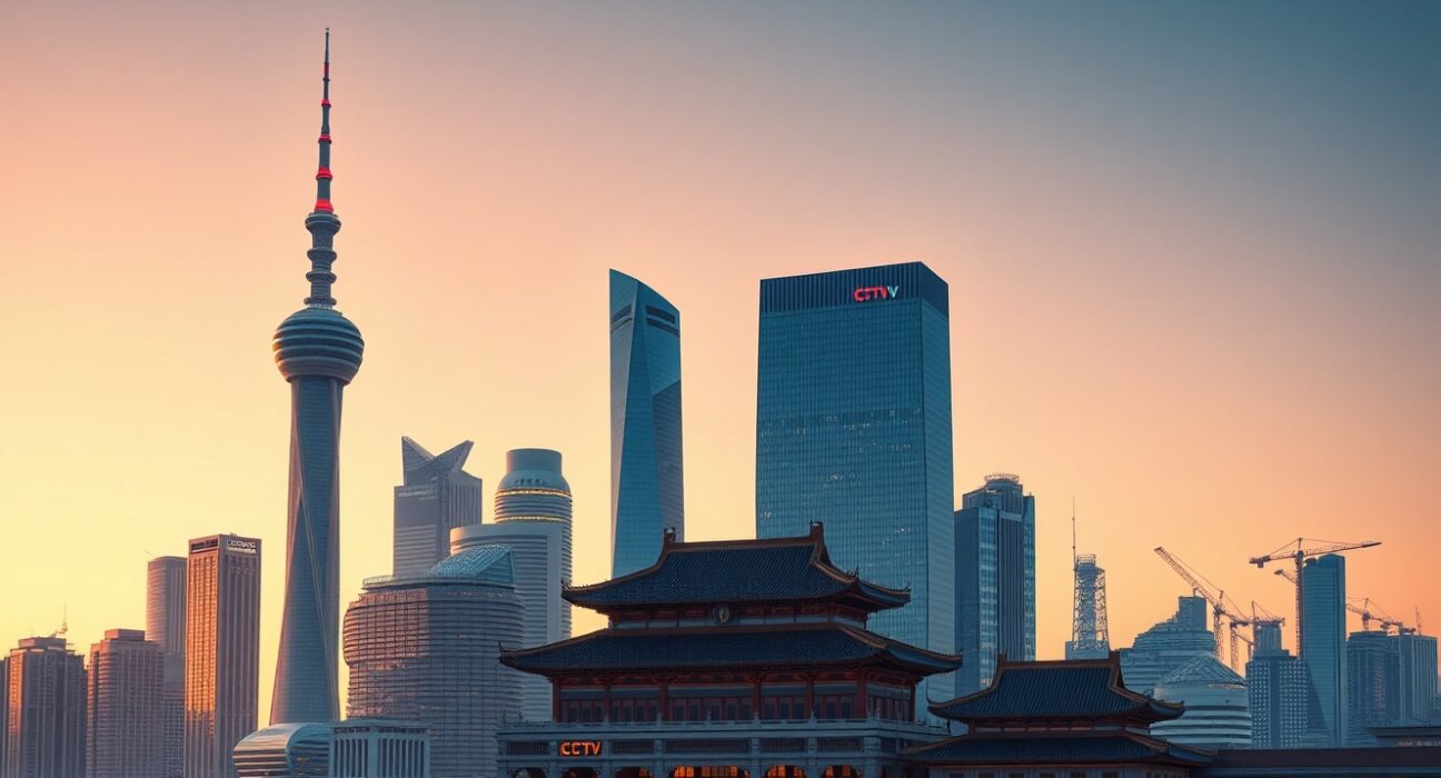 China's economic resilience shown through modern city skyline blending traditional and contemporary architecture, representing policy-driven growth.
