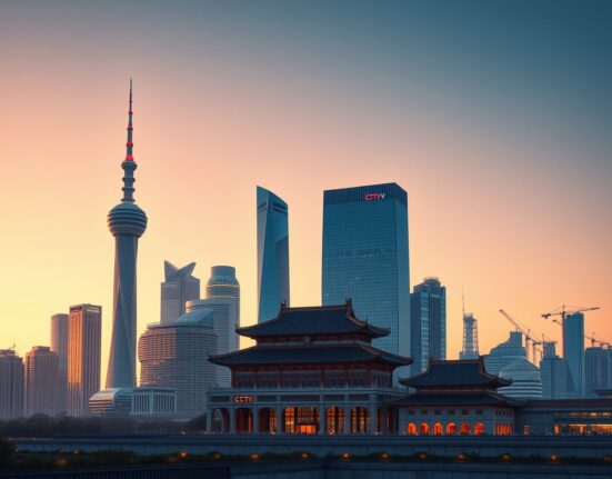 China's economic resilience shown through modern city skyline blending traditional and contemporary architecture, representing policy-driven growth.