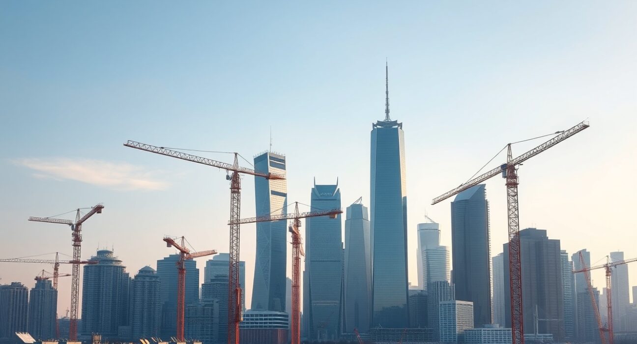 Chinese city skyline with construction cranes representing economic activity and policy response
