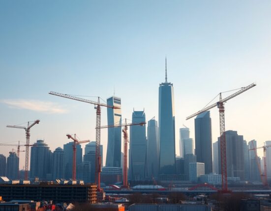 Chinese city skyline with construction cranes representing economic activity and policy response